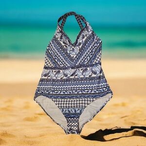 Tommy Bahama Onepiece Blue White Crisscross Straps Size 14 Pretty Designs